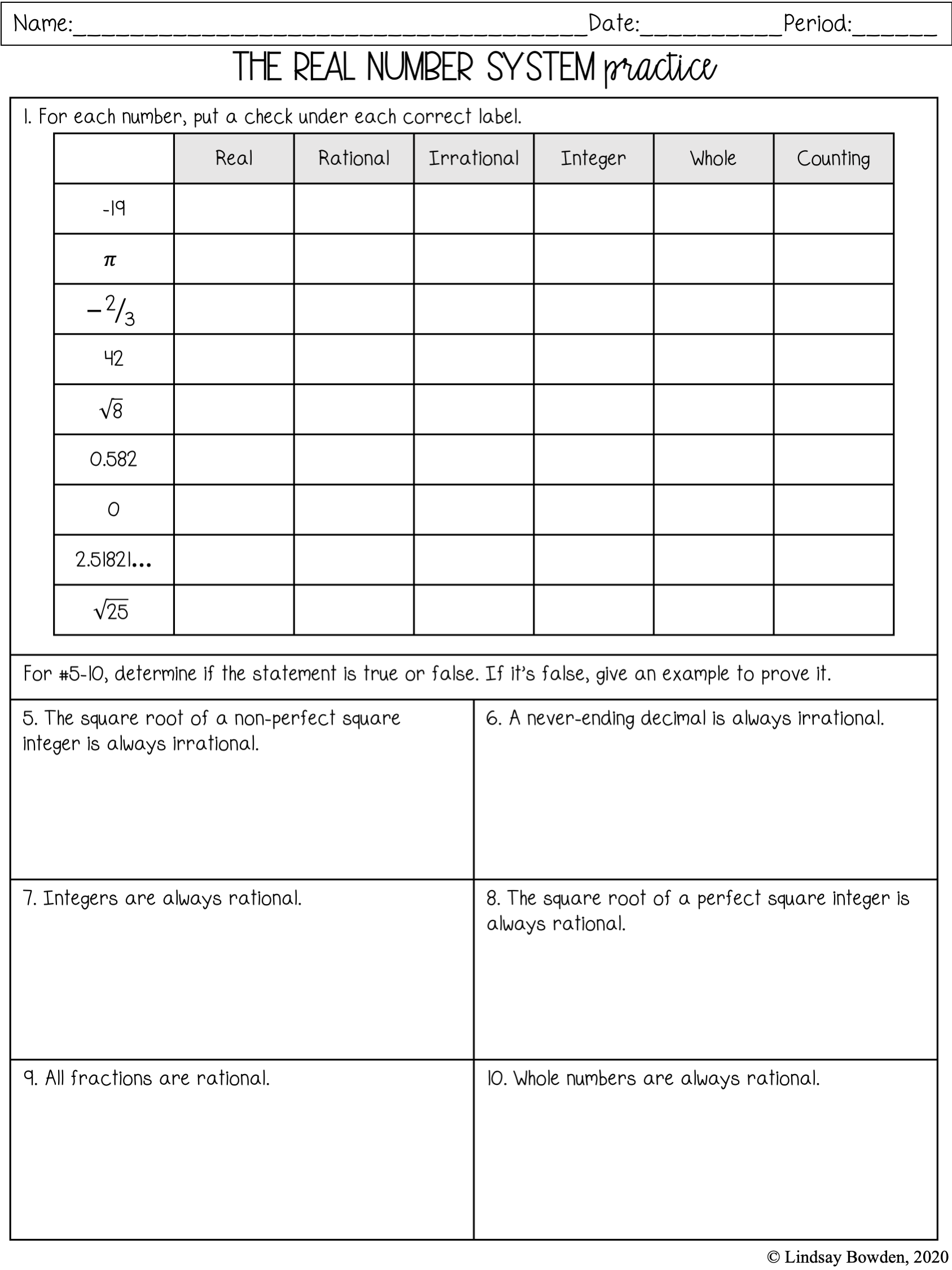 the real number system worksheet