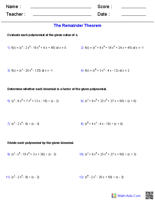 the remainder theorem worksheet
