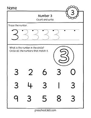 the sheet number 3 preschool