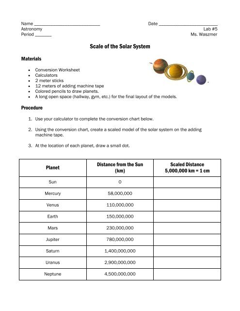 Lab #5 (Scale of the Solar System) - Worksheets Library