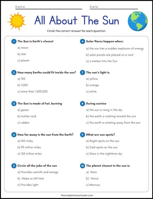 the solar system the sun worksheet