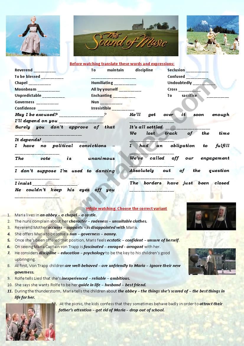 the sound of music worksheet