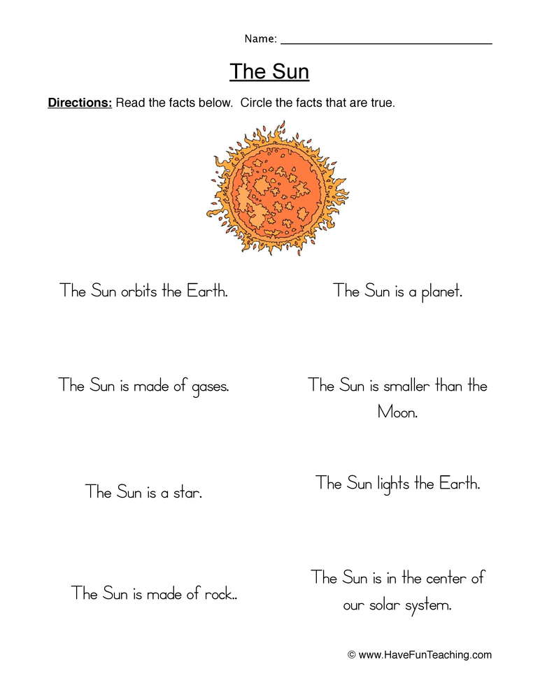 Sun True or False Worksheet  