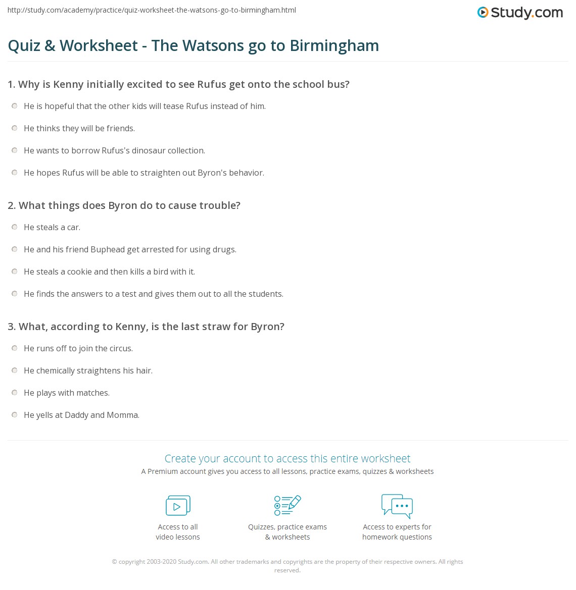 Quiz &  Worksheet - The Watsons go to Birmingham | Study.com