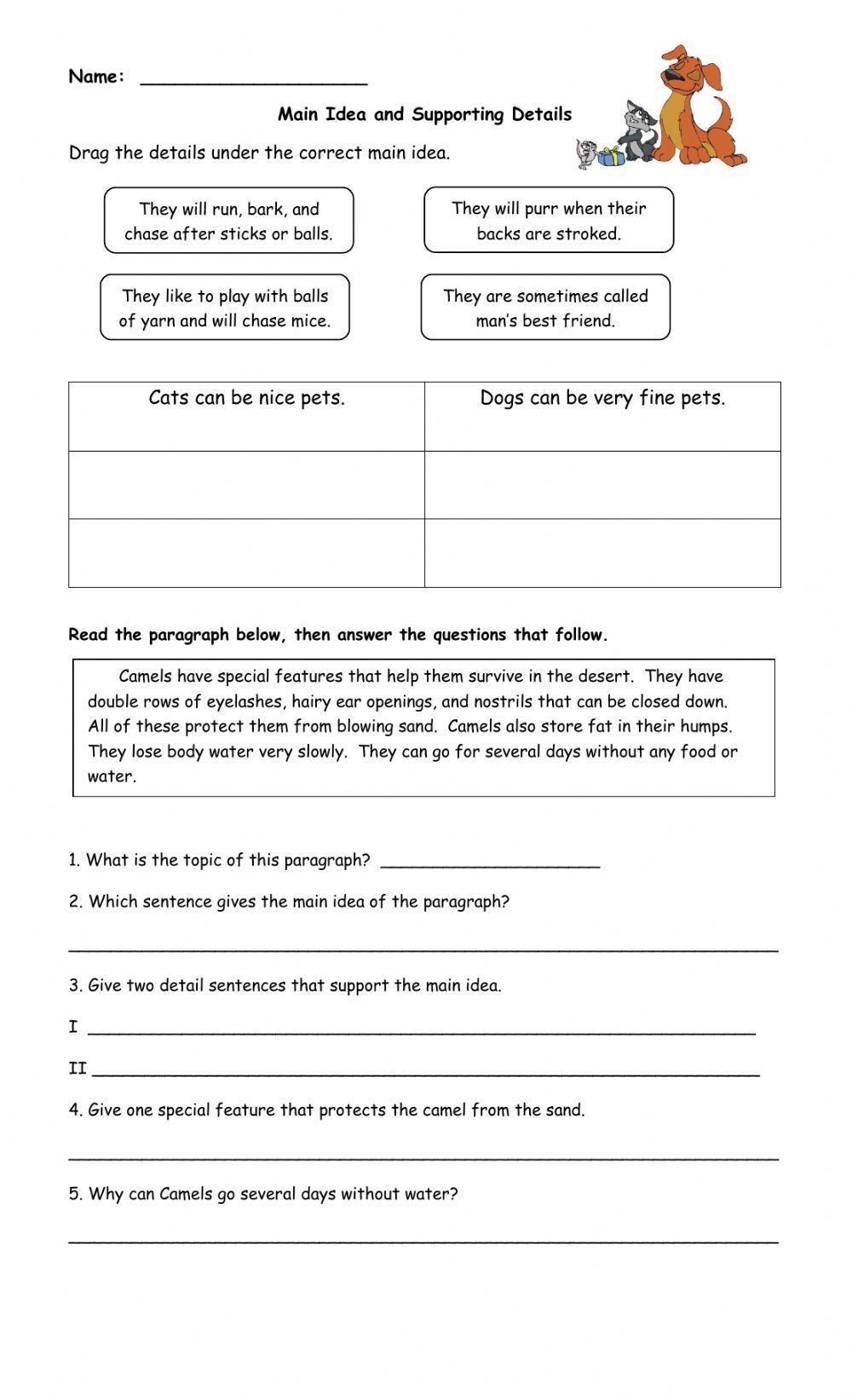 theme topic main idea and supporting details worksheet