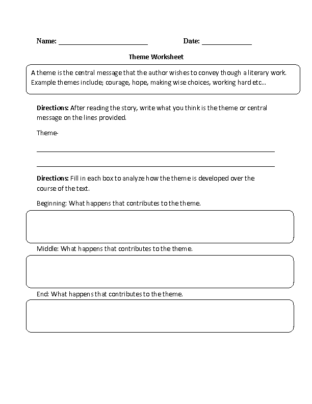 Theme Worksheets | Theme Worksheet Identifying and Development