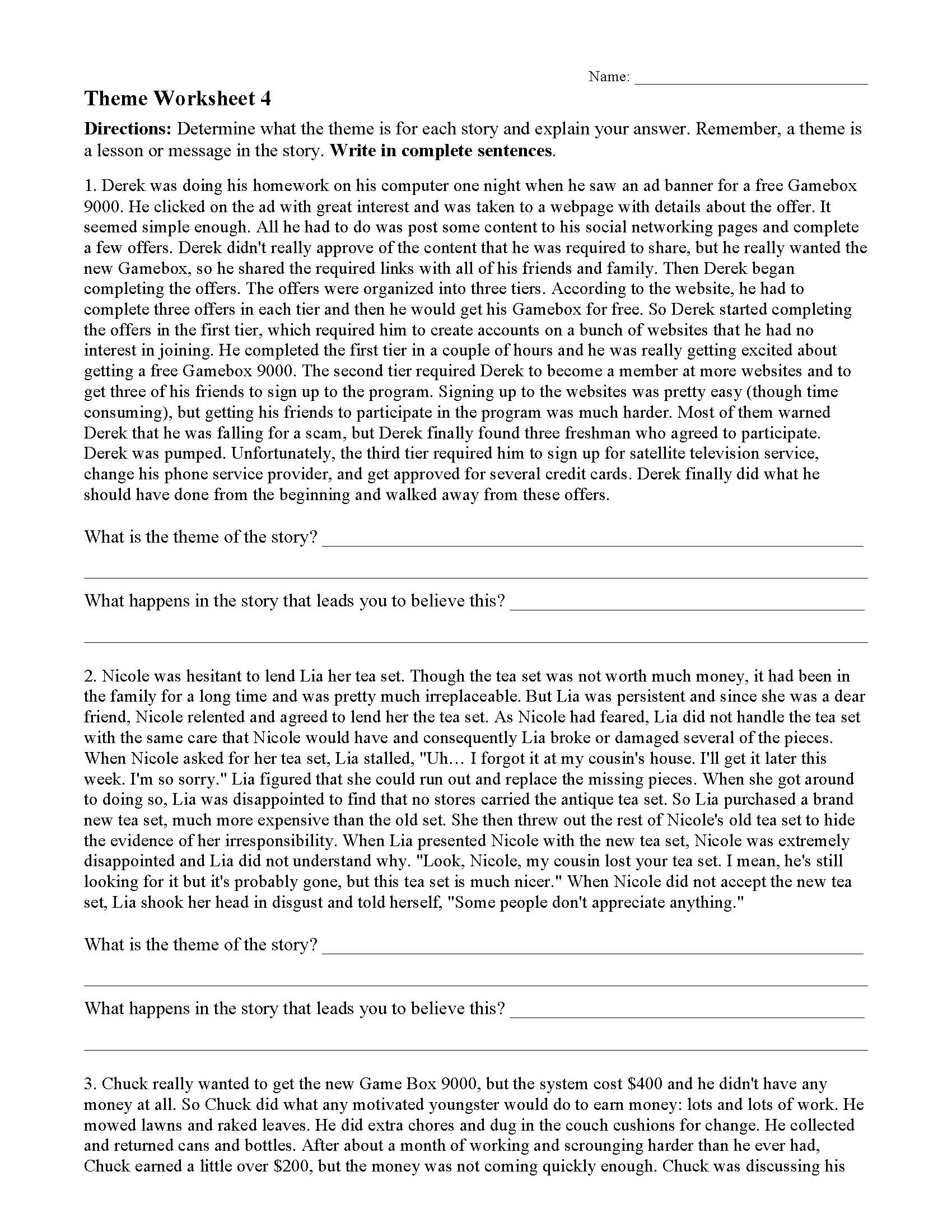 Theme Worksheet 4 | Reading Activity