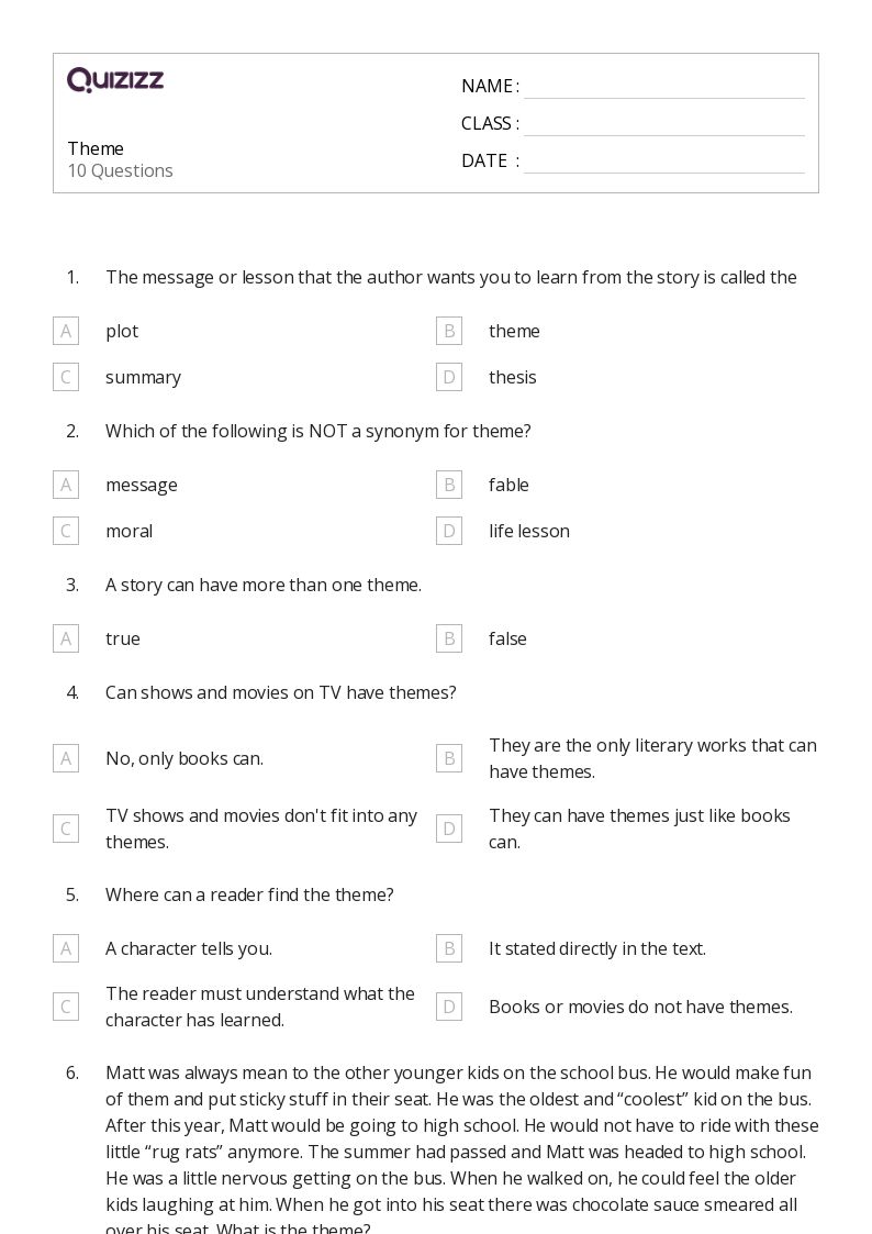 50+ Themes worksheets for 4th Grade on Quizizz | Free &  Printable
