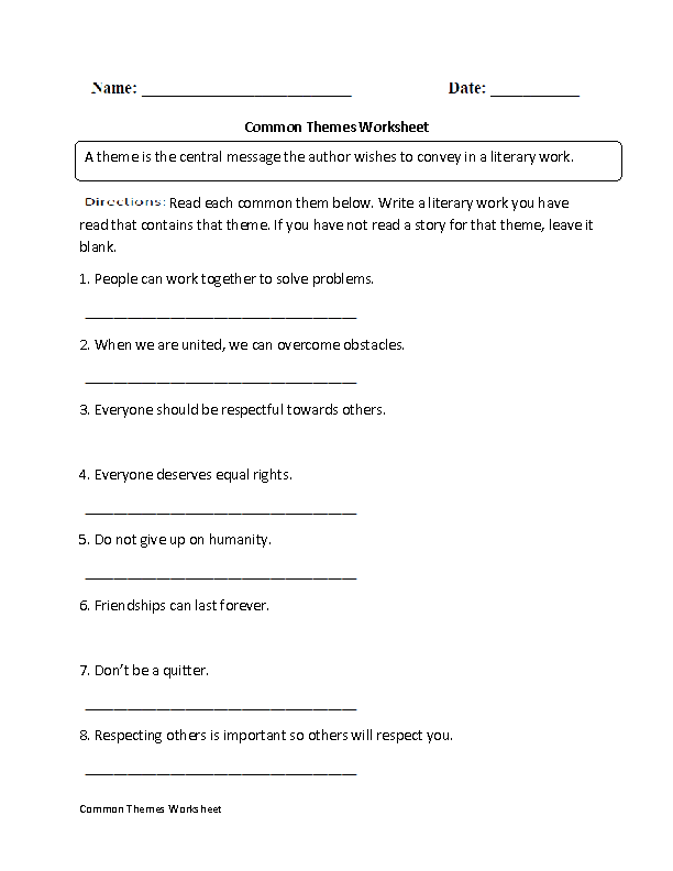 Theme Worksheets | Common Themes
