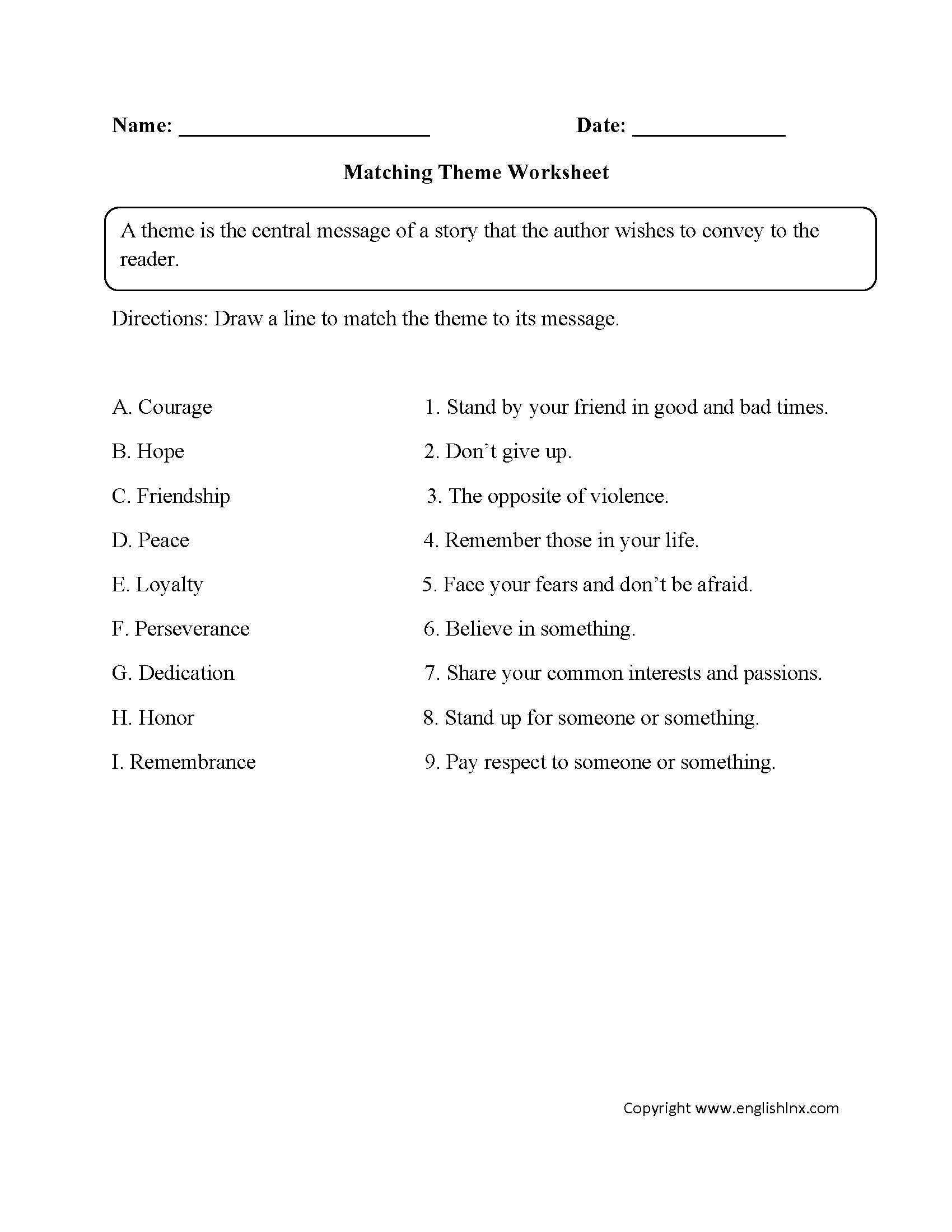 Theme Worksheets | Matching Theme