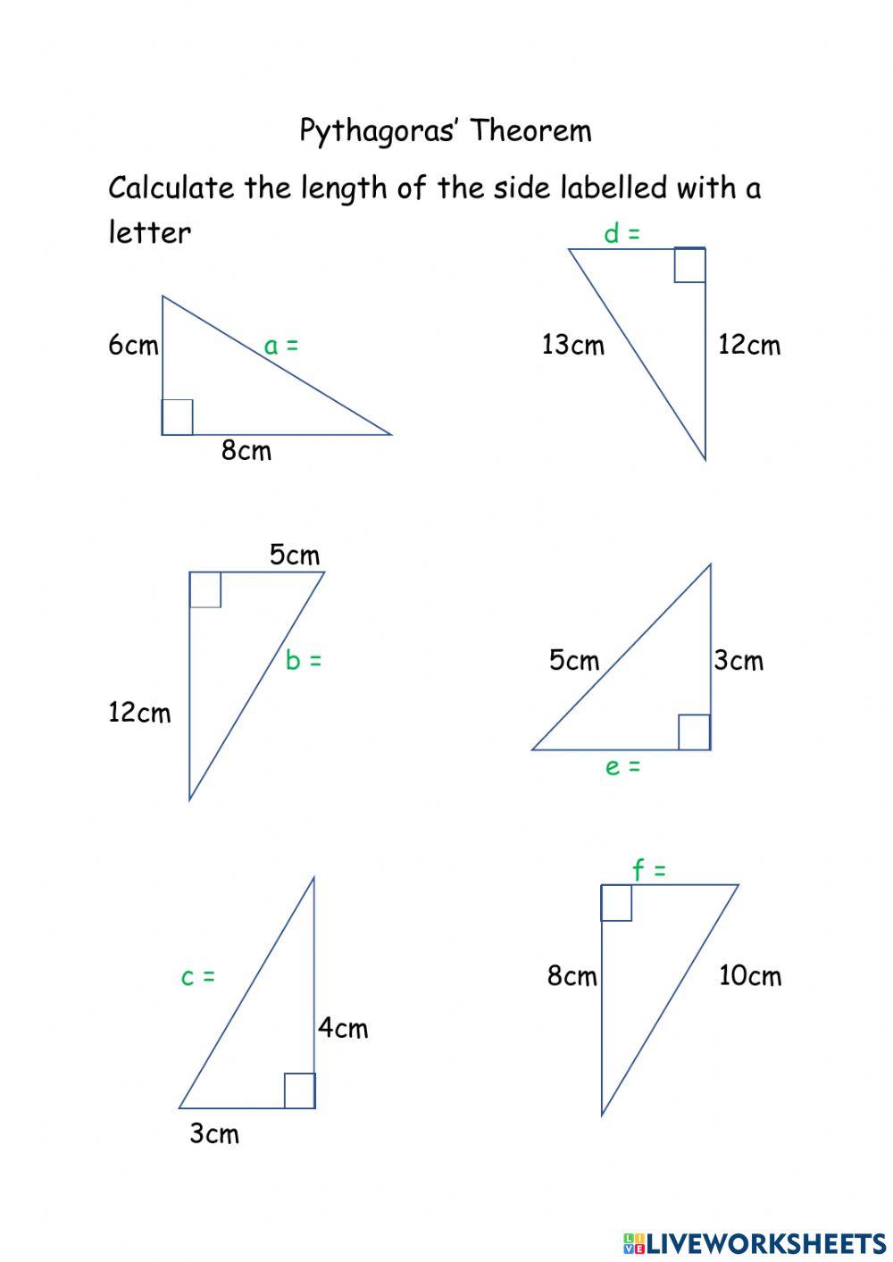 Pythagoras Theorem online worksheet  