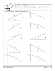 Pythagorean Theorem Worksheet for 5th - 6th Grade | Lesson Planet