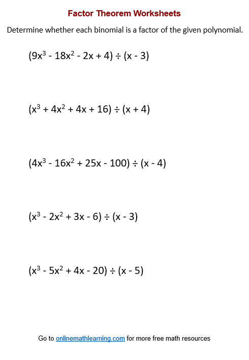 Factor Theorem Worksheets (printable, online, answers, examples)