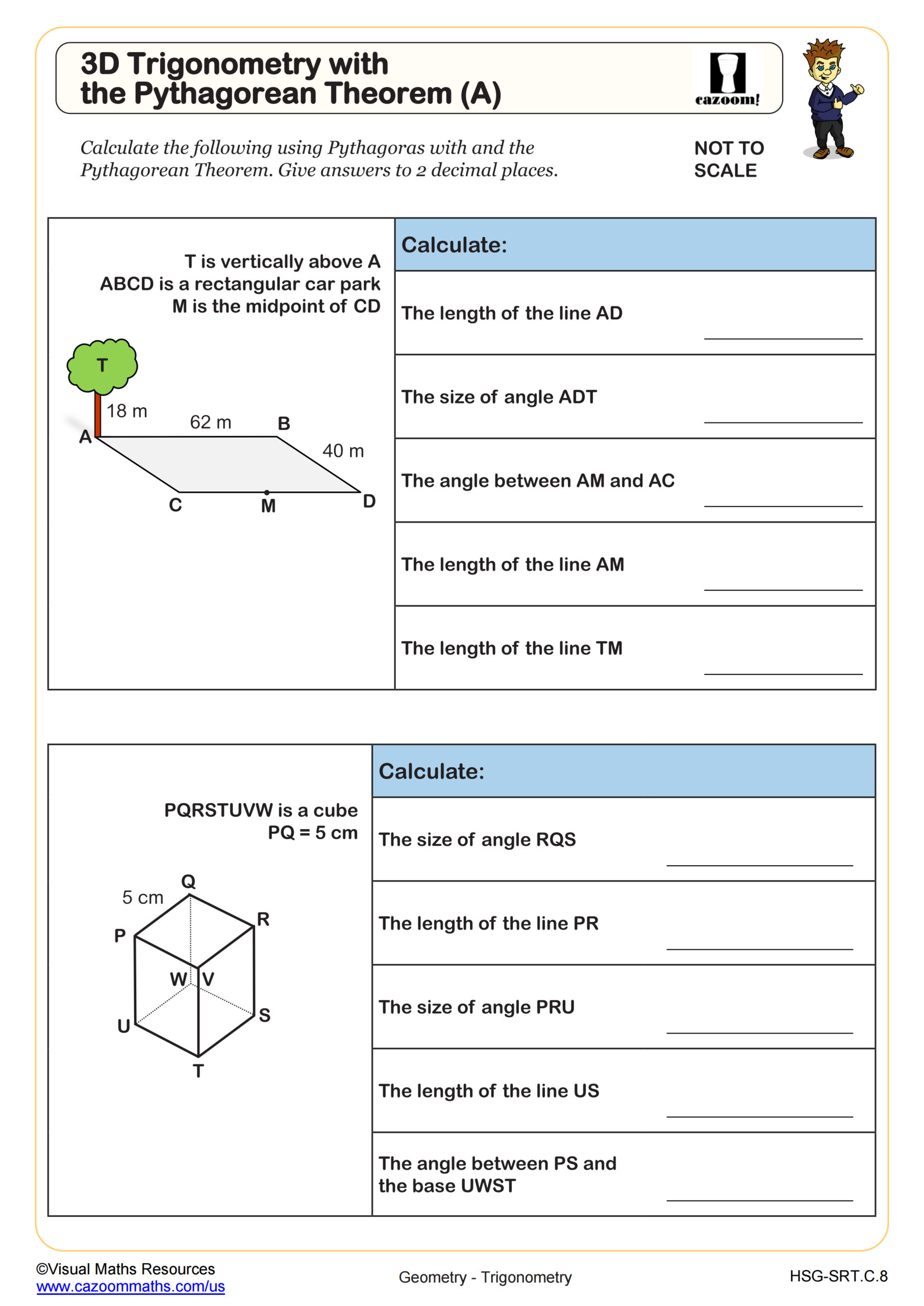 3D Trigonometry with the Pythagorean Theorem (A) Worksheet ...
