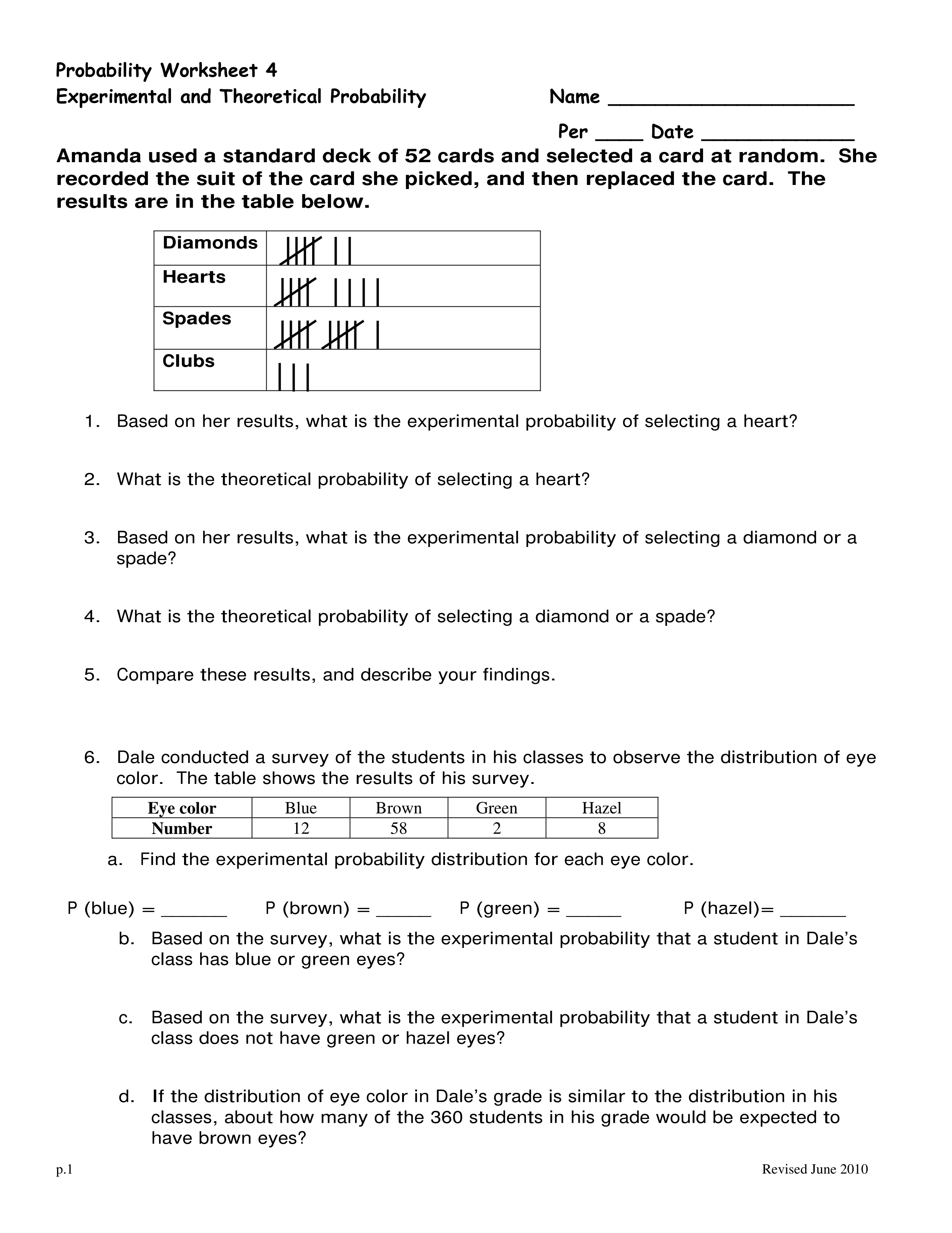 Quiz Worksheet Theoretical vs Experimental Probability