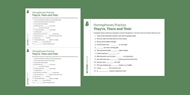 There, Their and Theyre Worksheet - Grammar Worksheets PDF