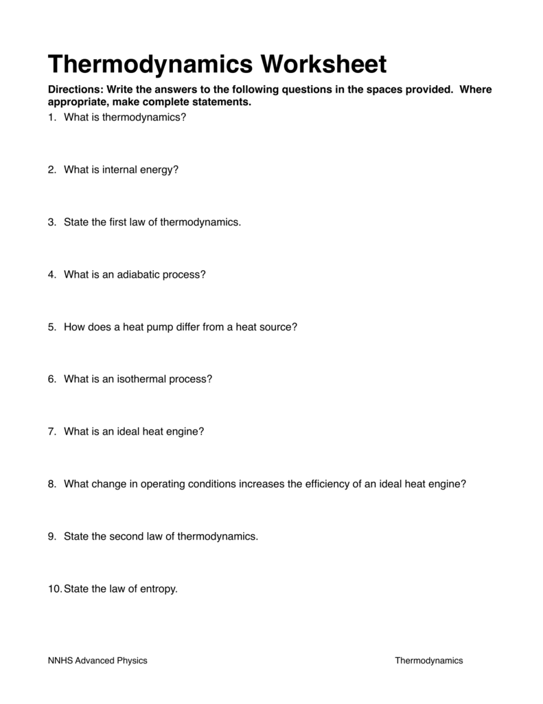 thermodynamics worksheet answers