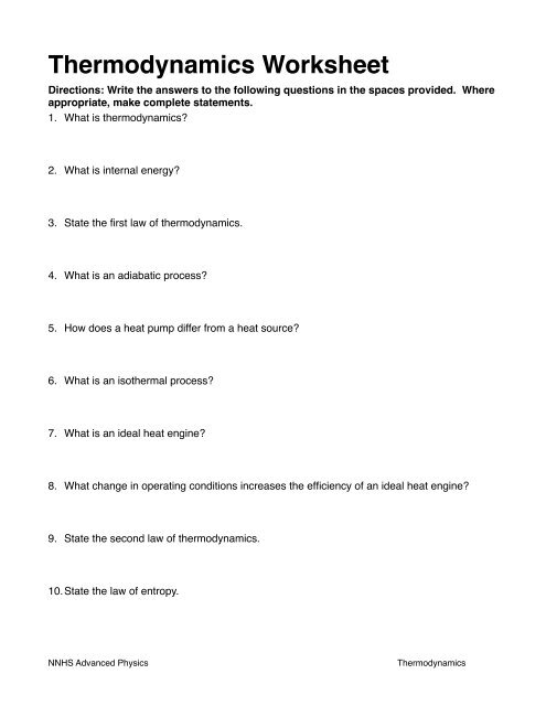 thermodynamics worksheet