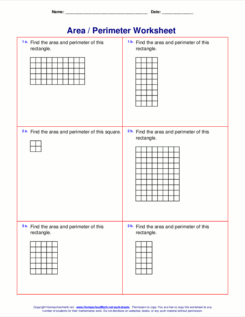 Area and perimeter worksheets (rectangles and squares)