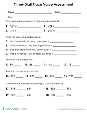 Three-Digit Place Value Assessment | Worksheet 