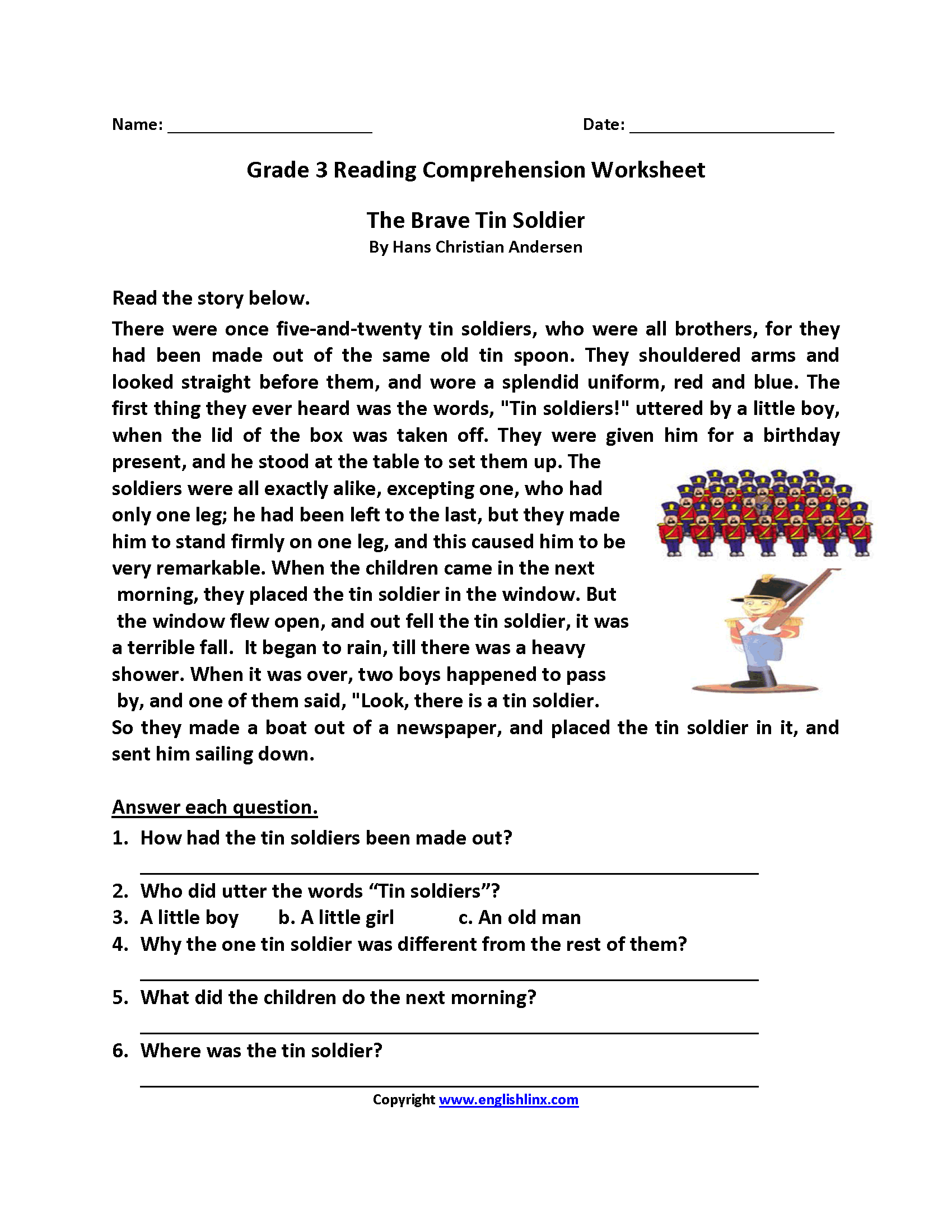 third grade reading comprehension printable