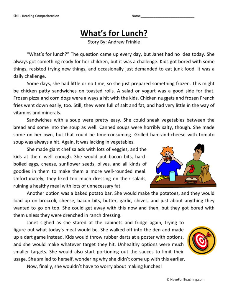 Reading Comprehension Worksheet - Whats for Lunch?