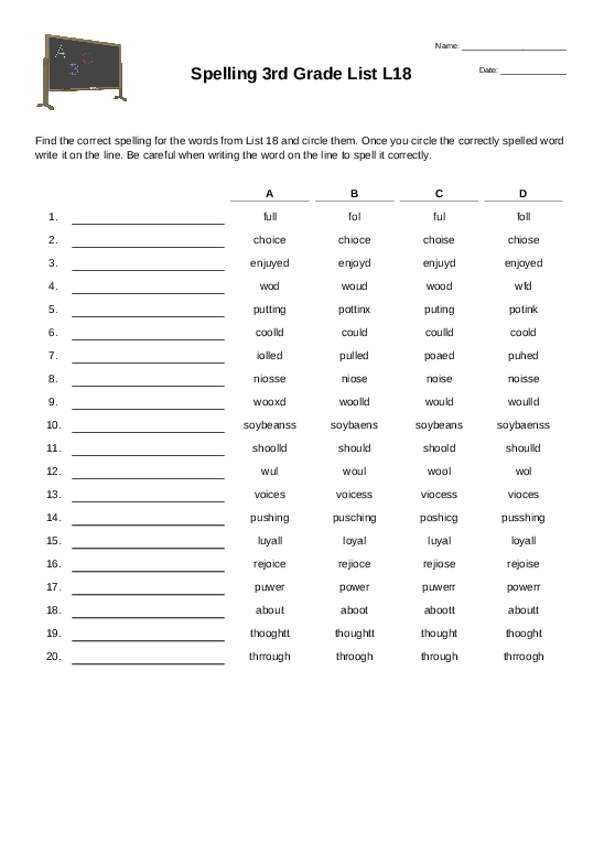 Spelling 3rd Grade List L18 - Spelling Test - Quickworksheets