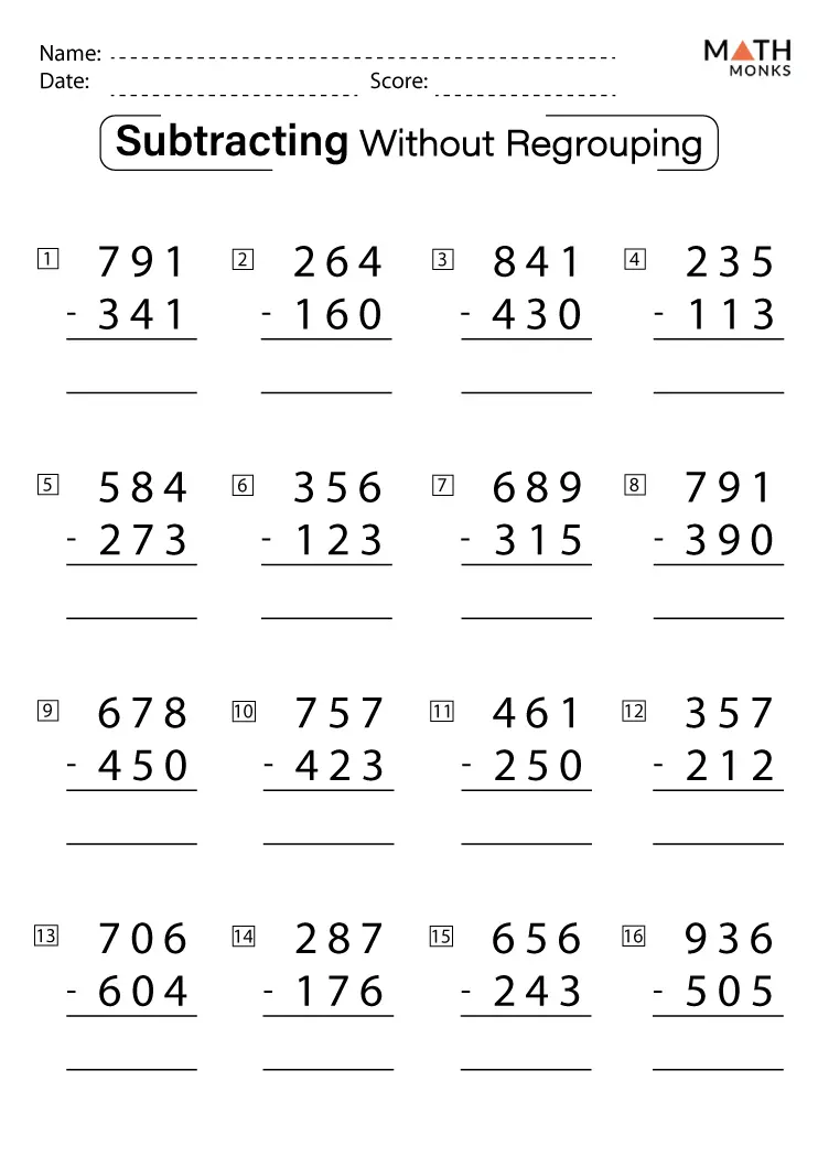 3rd Grade Subtraction Worksheets - Math Monks