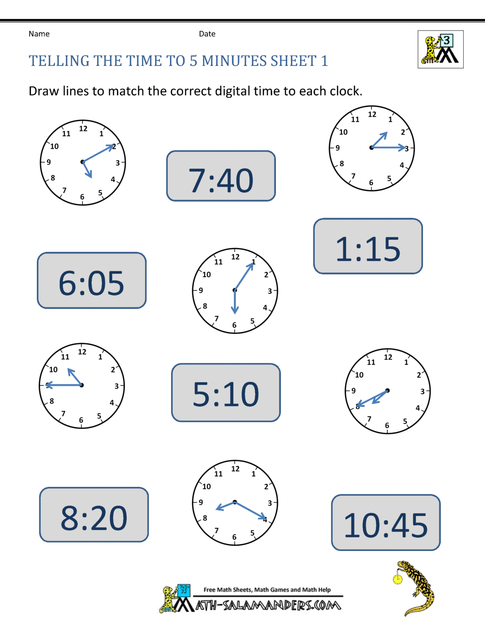 Telling Time to 5 minutes Worksheets