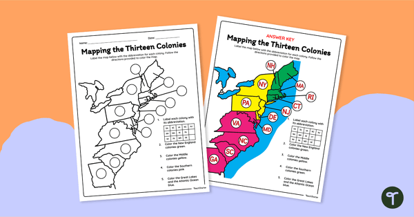 13 Colonies Map Labeling Worksheet | Teach Starter