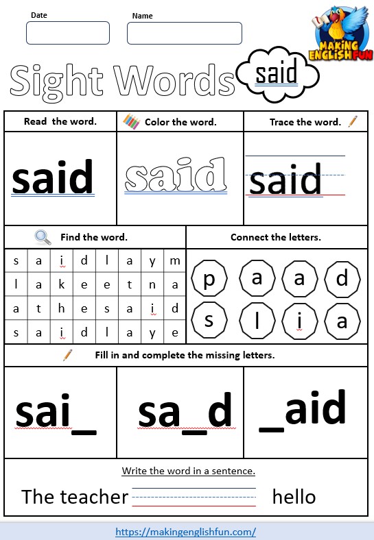 FREE Pre - K Dolch Sight Word Worksheets - saidMaking English Fun