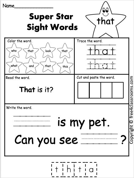 Free Sight Word Worksheet - that - Free Worksheets - Free4Classrooms