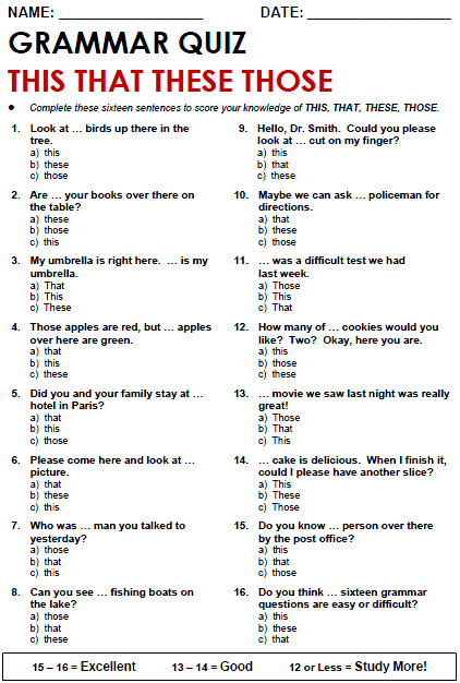 this that these those worksheet