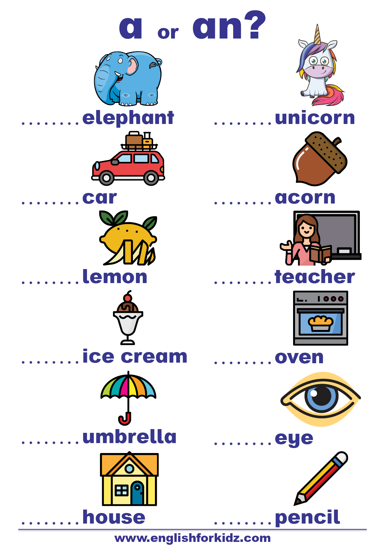 English for Kids Step by Step: Indefinite Articles Worksheets: A ...