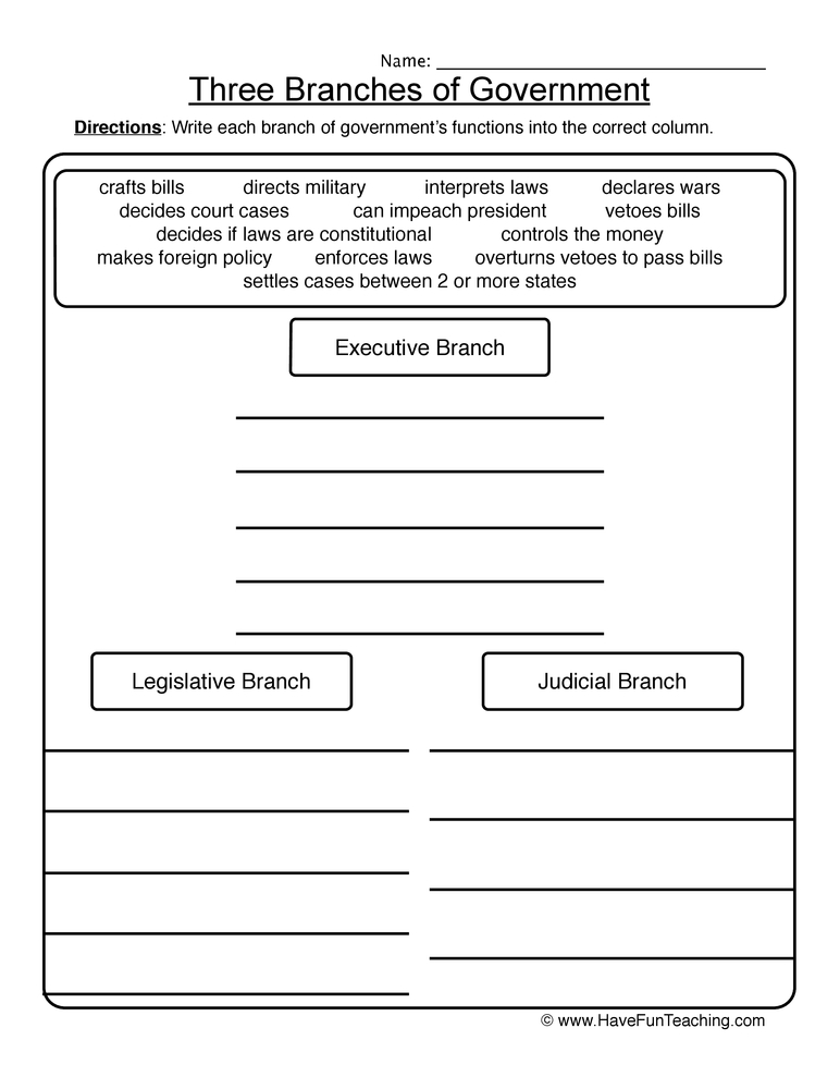 three branches of government worksheet answers