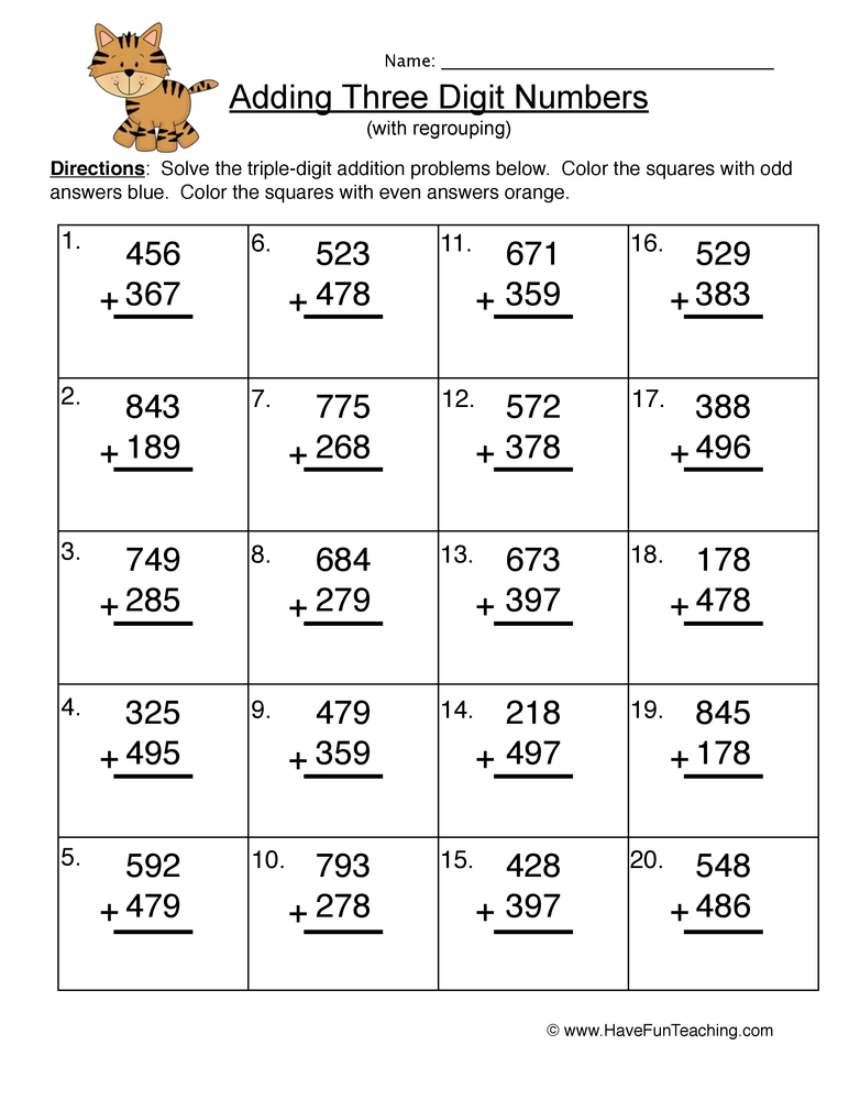 three digit addition with regrouping worksheet