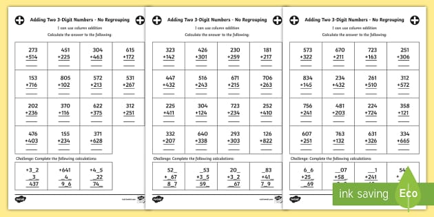 three digit addition without regrouping math worksheet