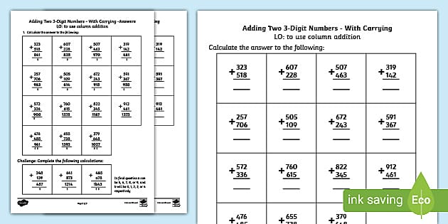 three digit addition worksheet 2nd