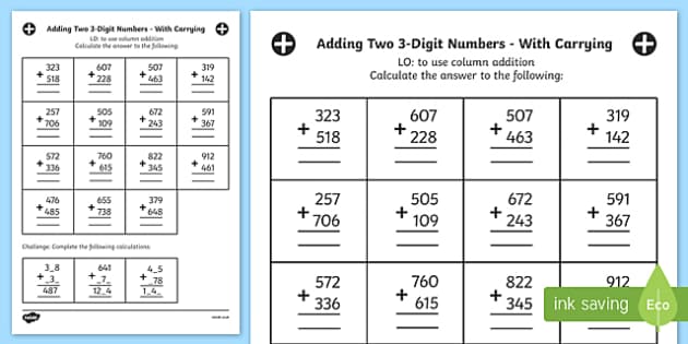 three digit addition worksheet 2nd