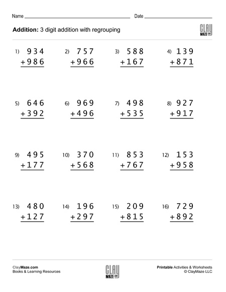 three digit addition worksheet first grade