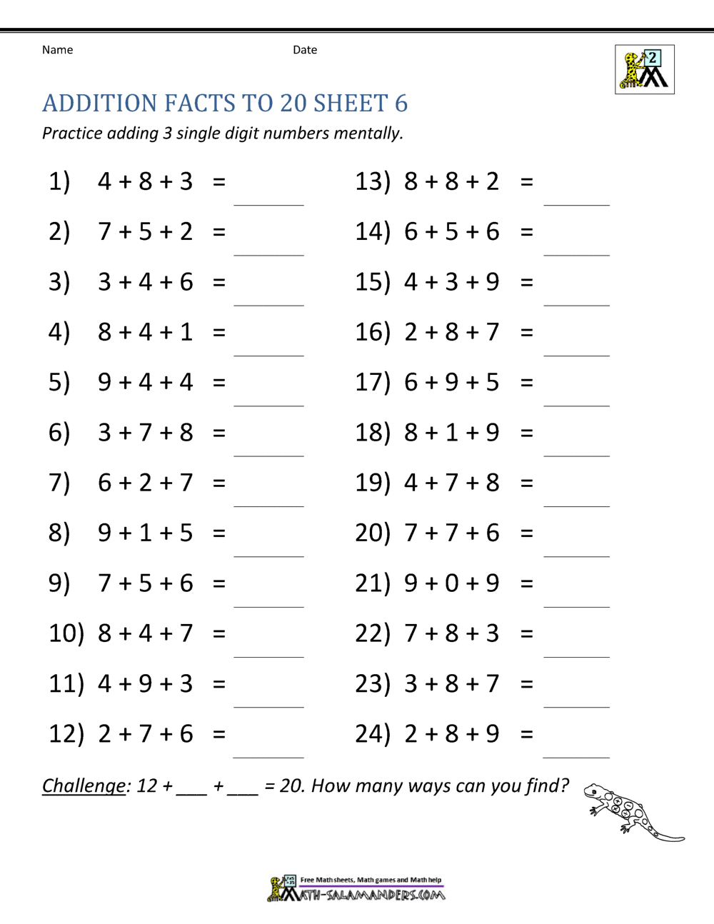 Addition Facts to 20 Worksheets