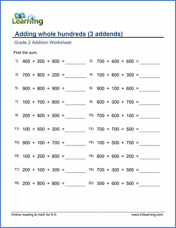 Grade 2 Math Worksheets - Adding whole hundreds - three addends ...