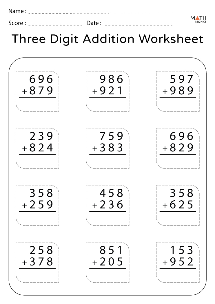 three digit addition worksheet pdf