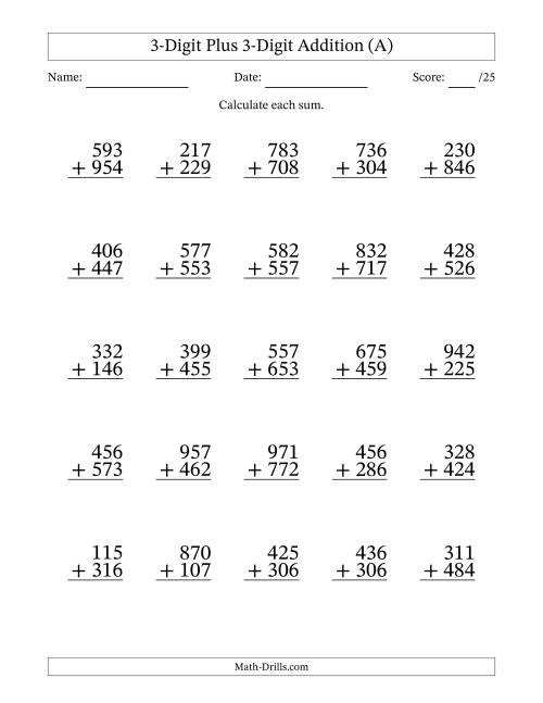 3-Digit Plus 3-Digit Addition With Some Regrouping (25 Questions) (A)
