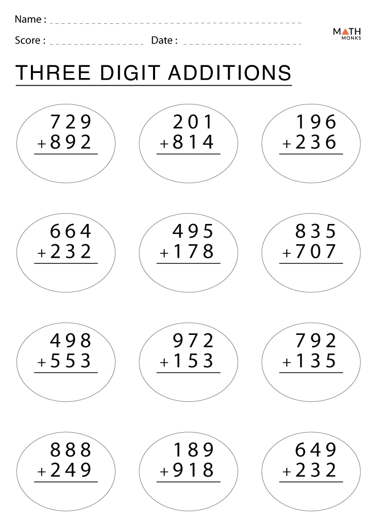 three digit addition worksheet with