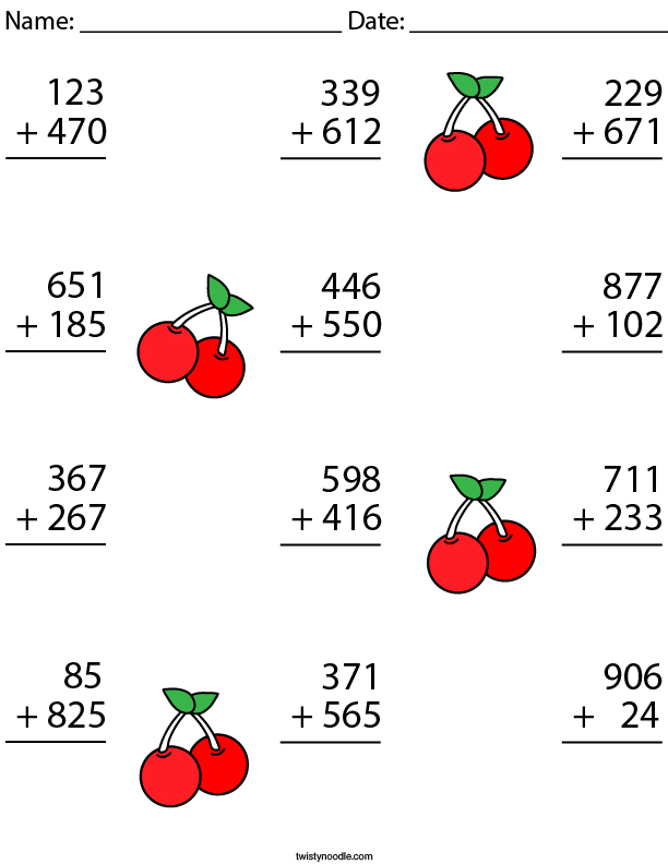 3 Digit Addition Challenge Math Worksheet - Twisty Noodle