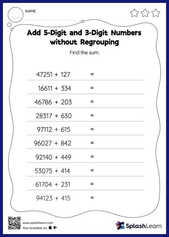Add 5-Digit and 3-Digit Numbers without Regrouping: Horizontal ...