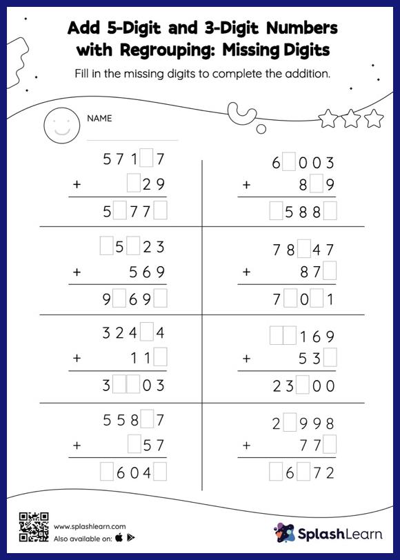 Add 5-Digit and 3-Digit Numbers with Regrouping: Missing Digits ...