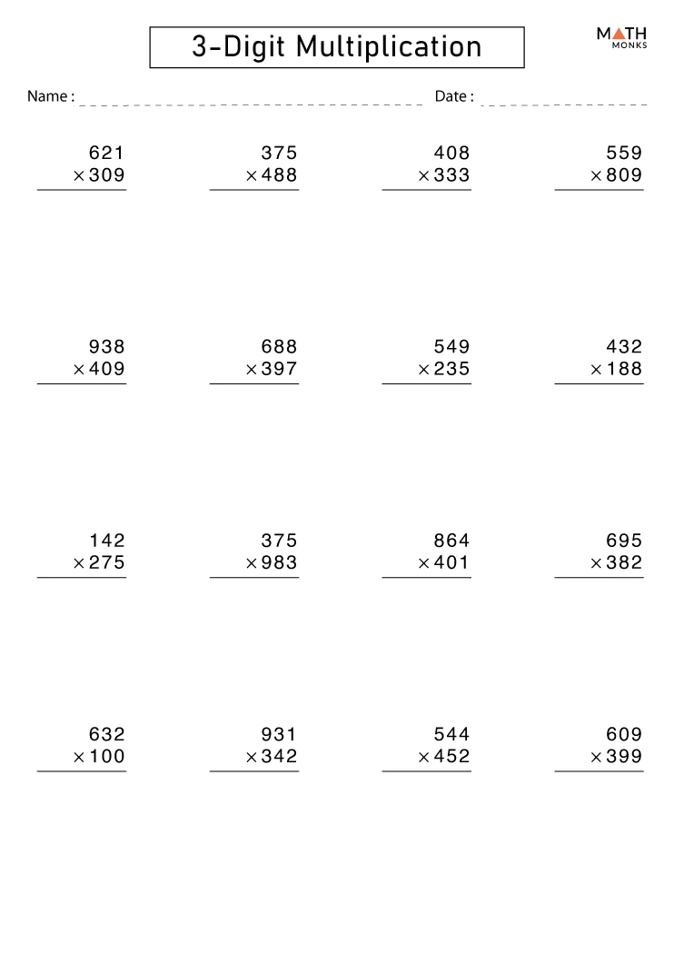 3 Digit Multiplication Worksheets with Answer Key