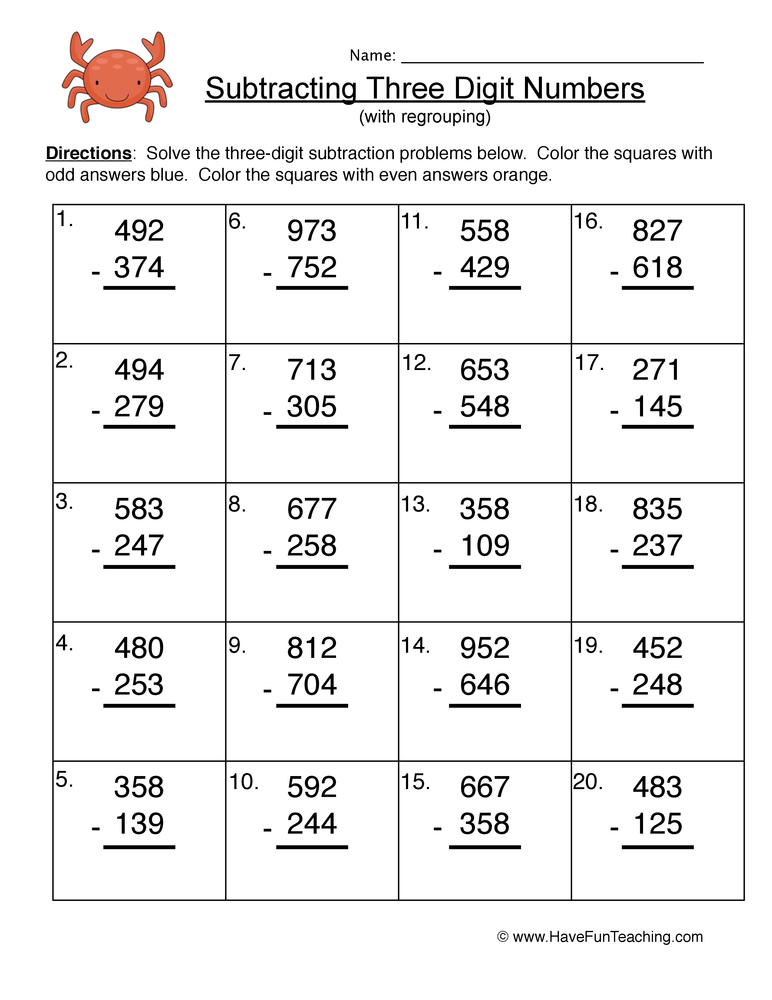 Triple Digit Subtraction Regroup Worksheet  